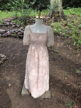 In February Bridgerton Cottage Elegant Blush Lace Maxi Dress with Puff Sleeves